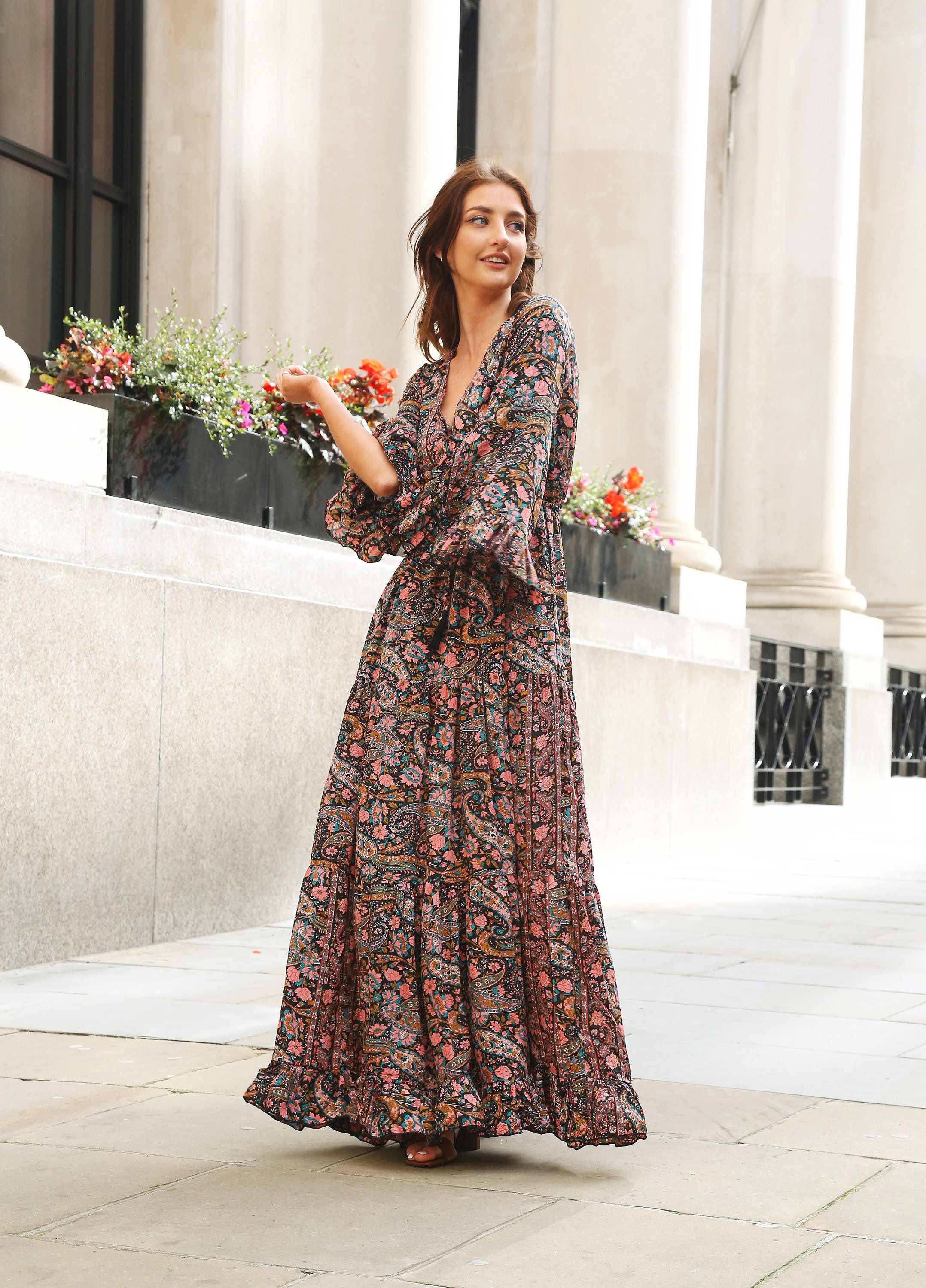 Boho Maxi Dress With Long Sleeves 70's 