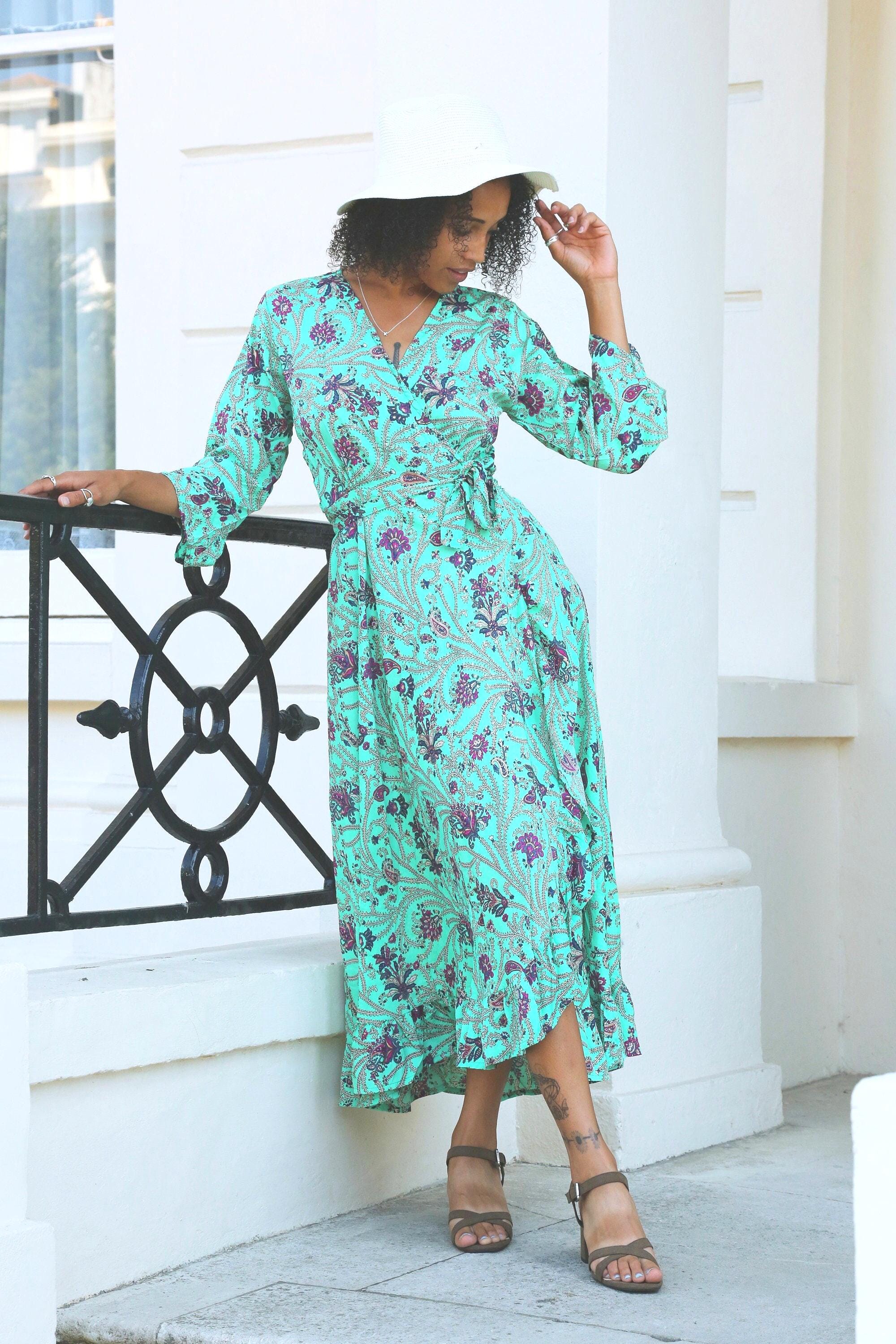 mint green floral wrap dress Mint Green Floral Wrap Dress Ziva Designer