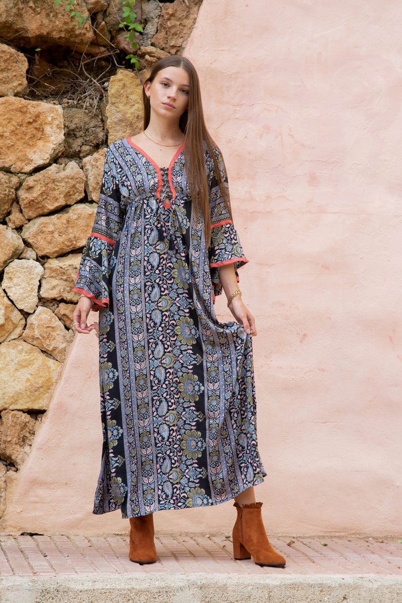 Boho Style Maxi DressWith Bell Sleeves, Full Length Goddess Dress with Sleeves, Ibiza Maxi Dress, Bohemian Style Maxi Dress image 7