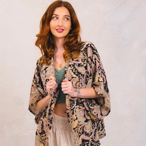 Vintage Silk Kimono, Short Boho Kimono Robe, Festival Kimono, Ibiza Clothing, Goddess Kimono, Bohemian Clothing Women