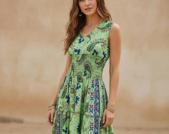 Mint Floral Boho Midi Dress, Sleeveless Bohemian Dress, Ibiza Dress, Summer Dress Women, Goddess Dress, Bohemian Clothing