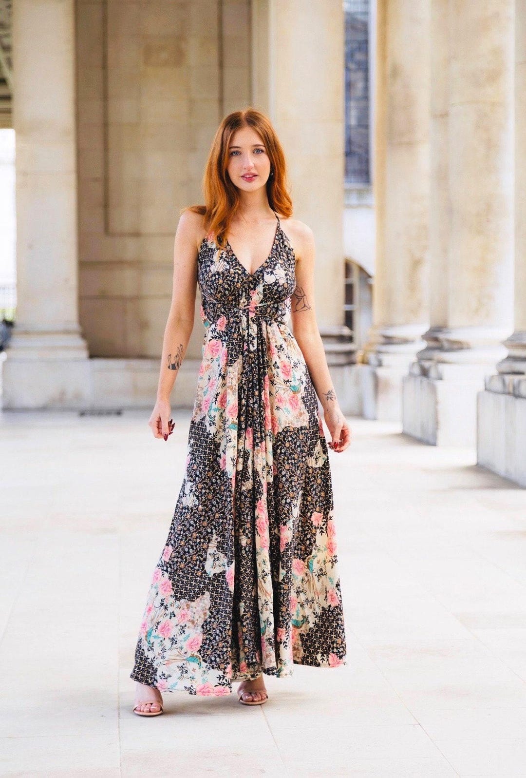 Halter Backless Boho Maxi Dress, Folk Bohemian Dress, Festival Dress Women, Ibiza Dress, Goddess Maxi Dress, Bohemian Clothing