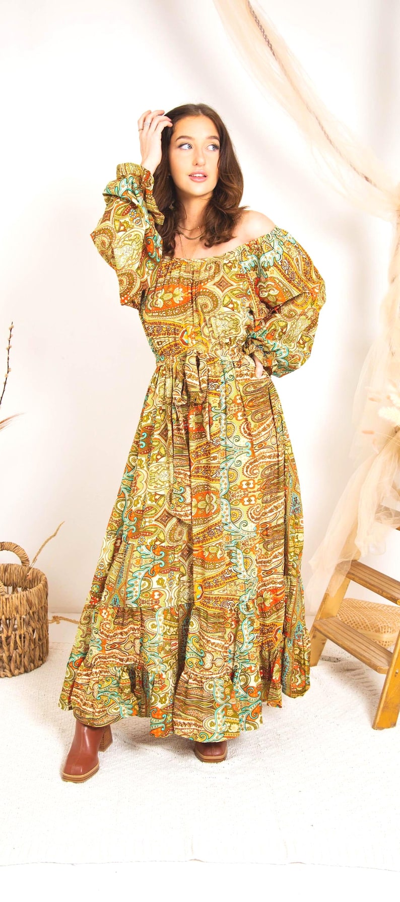 Rustic Print Boho Maxi Dress, Tiered Bohemian Maxi Dress, Ibiza Dress, Goddess Maxi Dress, Spiritual Clothing, Bohemian Clothing image 2