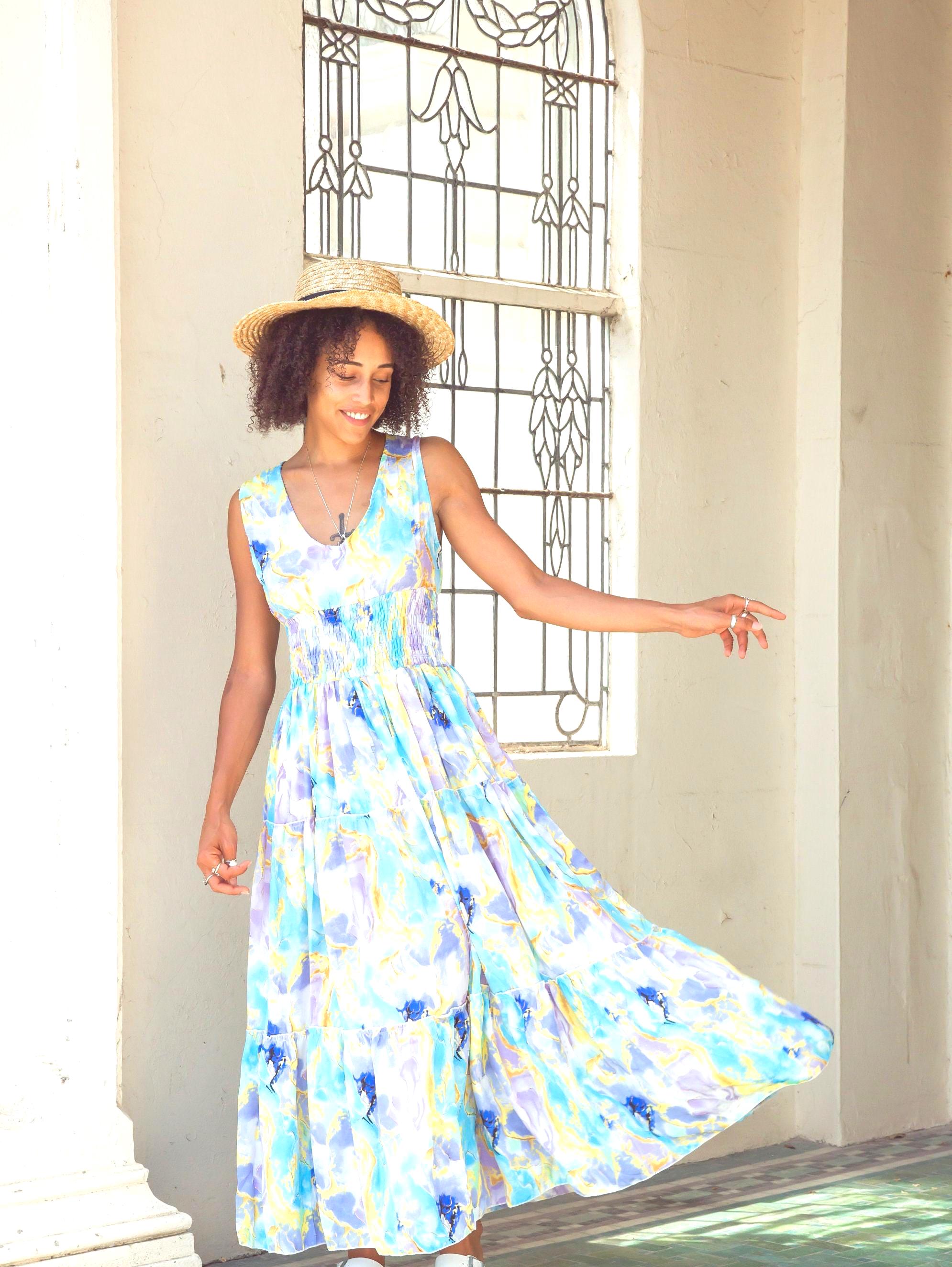 Resort Wear Blue Beach Maxi Dress Modest Boho Midi Dress, Sleeveless  Bohemian Dress, Festival Dress Women,