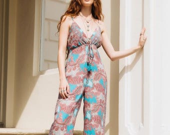 Boho Wide Leg Jumpsuit Hippie Festival Outfit, Pink Sleeveless Bohemian Jumpsuit, Ibiza Holiday Jumpsuit, Festival Clothing