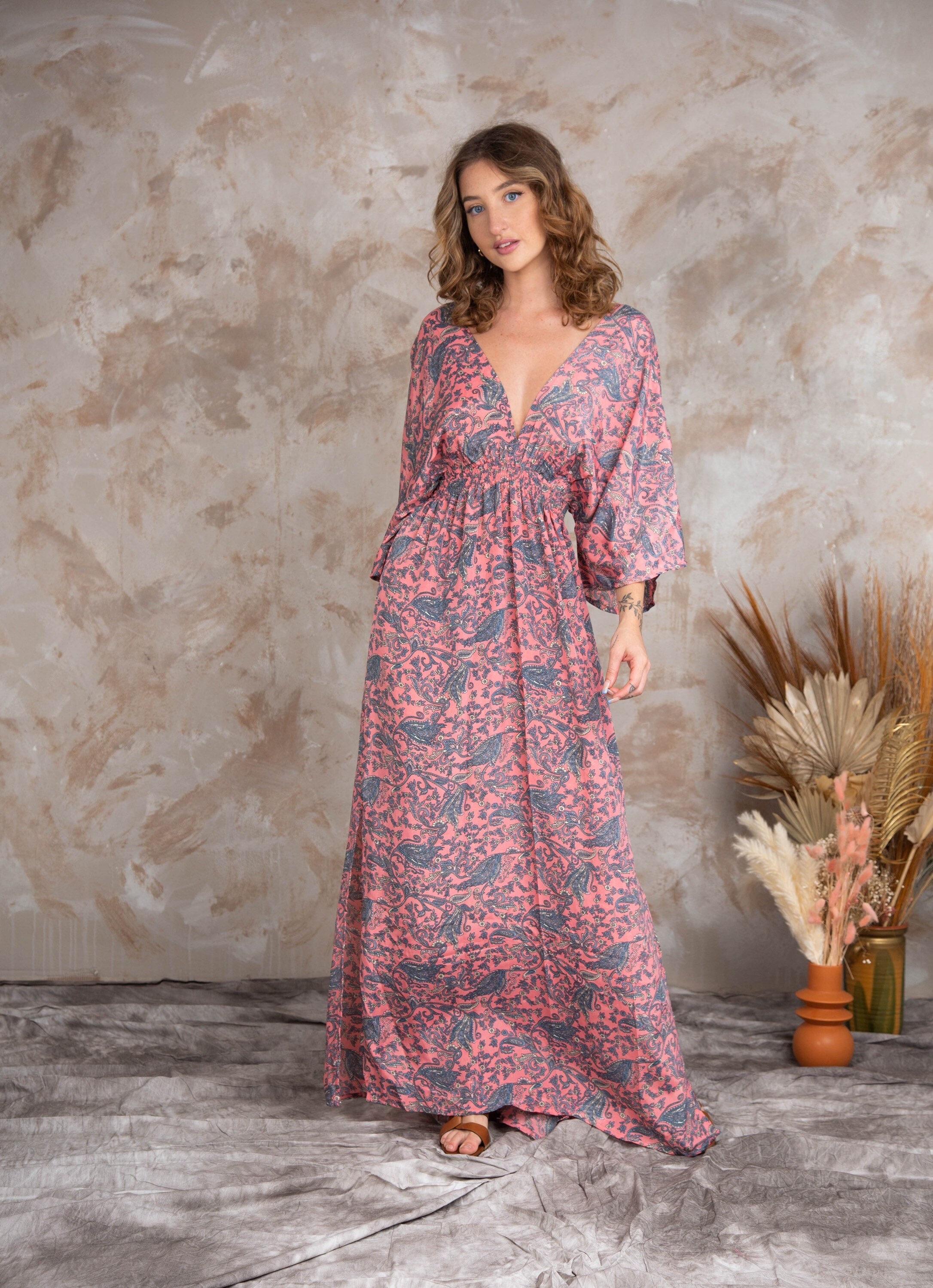 Roze Boho maxi-jurk met korte mouwen, maxi-jurk in jaren 70-stijl