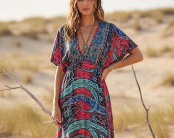 Boho Paisley Midi Dress, Pink Blue Bohemian Dress, Rayon Summer Dress, Floaty Festival Dress, Holiday Dress, Resort Wear