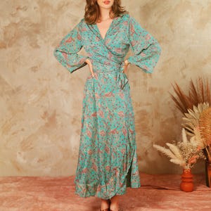 Floral Boho Wrap Dress, Green Bohemian Midi Dress, Festival Dress Women, Ibiza Dress, Summer Wrap Dress, Goddess Dress, Bohemian Clothing image 6