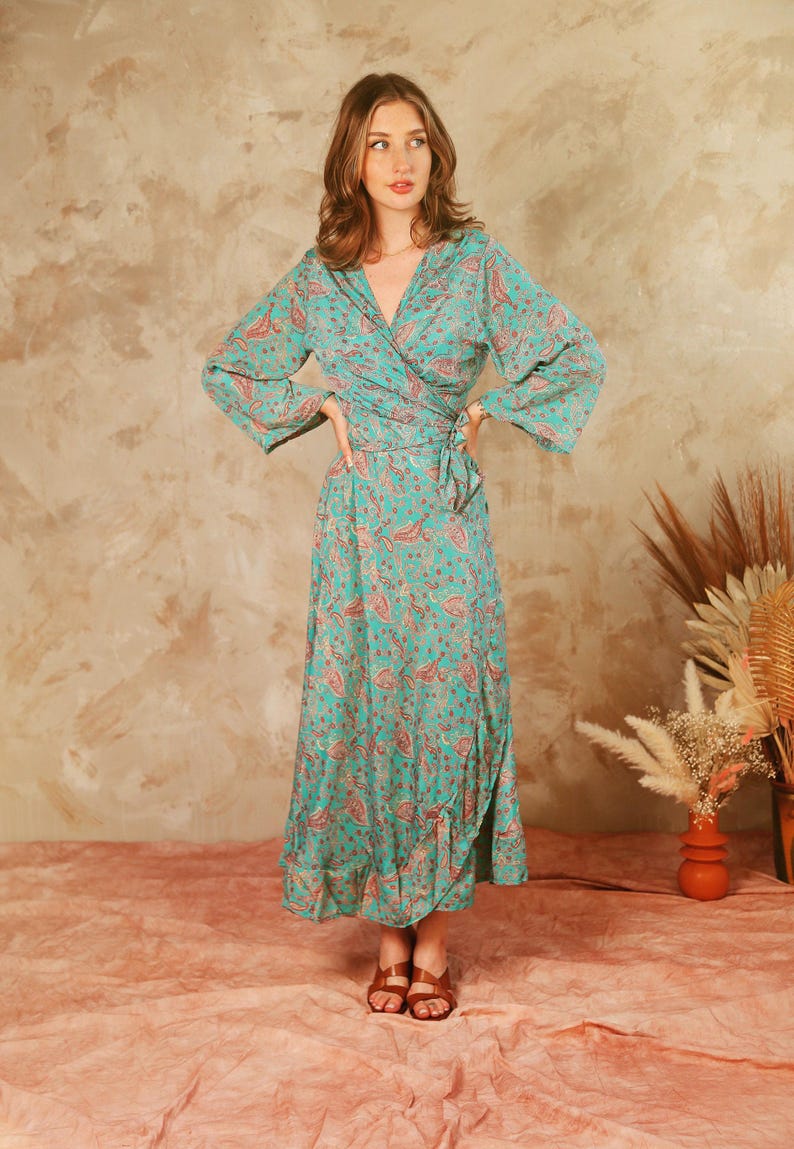 Floral Boho Wrap Dress, Green Bohemian Midi Dress, Festival Dress Women, Ibiza Dress, Summer Wrap Dress, Goddess Dress, Bohemian Clothing image 6