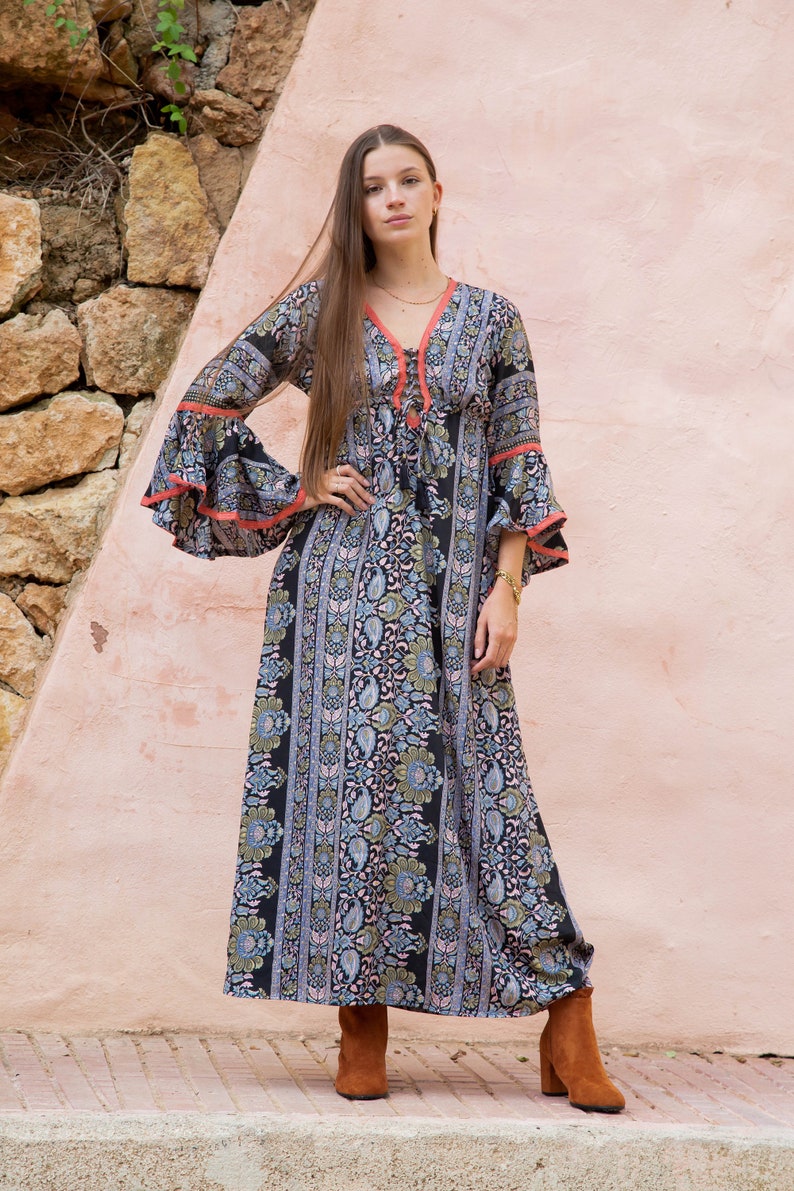 Boho Style Maxi DressWith Bell Sleeves, Full Length Goddess Dress with Sleeves, Ibiza Maxi Dress, Bohemian Style Maxi Dress image 10
