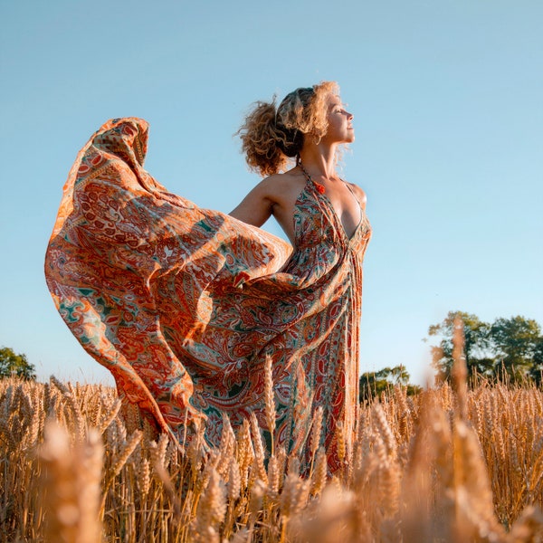 Faye Infinity Halter Maxi Dress in Orange Allover Print, Boho Gypsy Style Maxi Dress, Goddess Dress, Ibiza Maxi Dress,