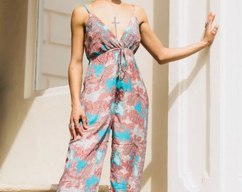 Boho Sleeveless Jumpsuit in Pink and Blue Print