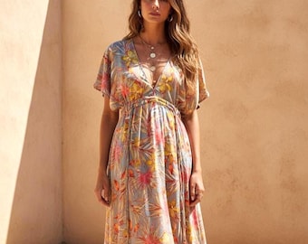 Tropical Boho Midi Dress, Floral Rayon Dress, Deep V Neck Dress, Festival Dress, Summer Holiday Dress, Bohemian Midi Dress, Resort Wear
