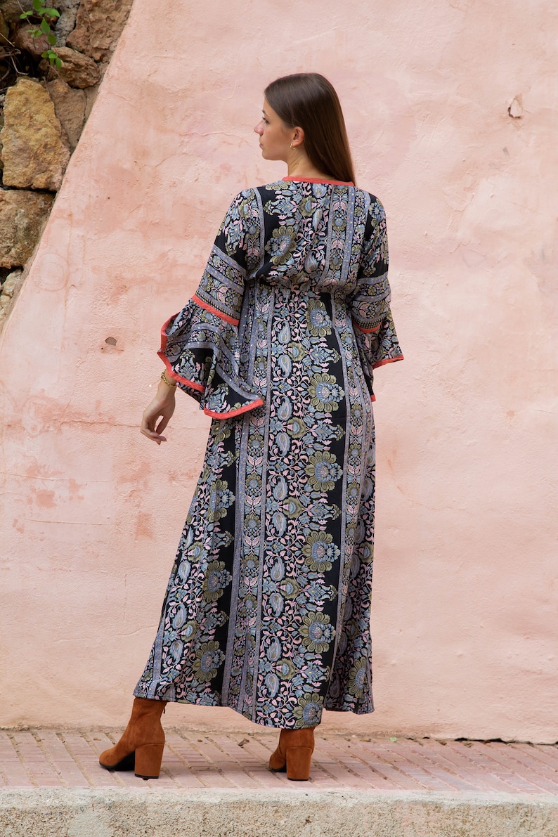 Boho Style Maxi DressWith Bell Sleeves, Full Length Goddess Dress with Sleeves, Ibiza Maxi Dress, Bohemian Style Maxi Dress image 4
