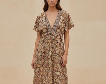 Boho Midi Dress, Floral Paisley Dress, Rayon Summer Dress, Adjustable Waist Dress, Festival Dress, Resort Wear, Bohemian Midi Dress