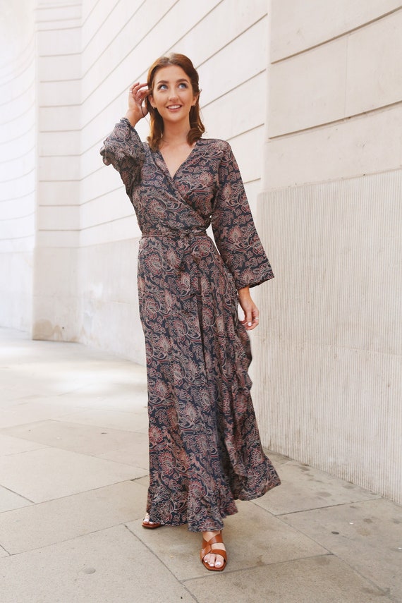 Boho Wrap Around Midi Dress With Long 