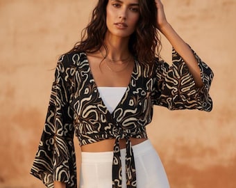 Black & Gold Crop Wrap Top | Boho Tie Front Blouse | Bell Sleeve Festival Top | Bohemian Summer Top | Women's Wrap Top