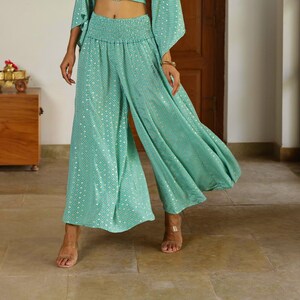 Full-Length Wide Leg Pants – Turquoise Print with Gold Accents, Flared Boho Style, Elastic Waist, Resort Wear, Yoga & Dance