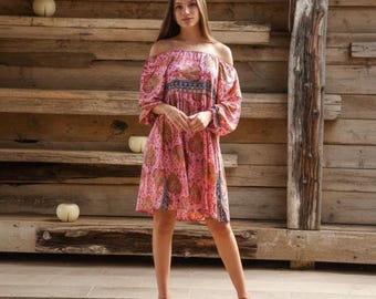 Fuchsia Off Shoulder Mini Dress, Boho Balloon Sleeve Dress, Festival Bohemian Dress, Ibiza Summer Dress, Goddess Dress