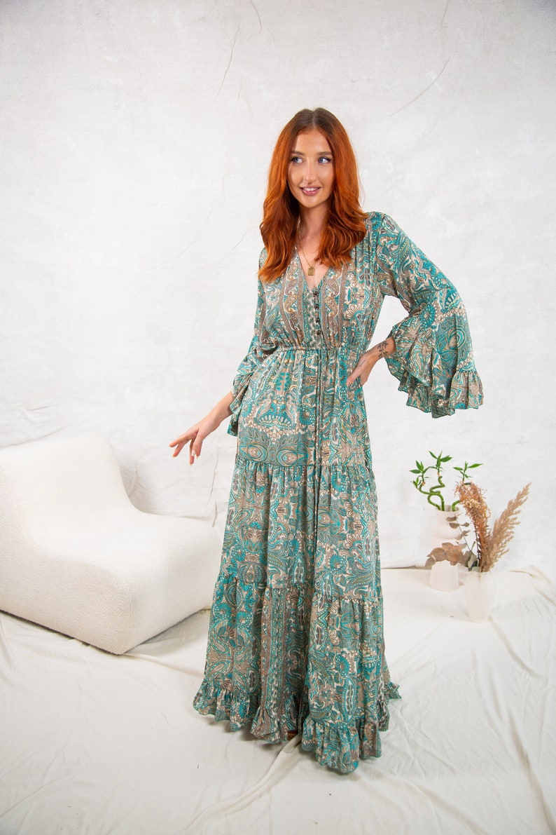 Green Boho Maxi Dress With Long Sleeves, 70's Style Maxi Dress, Goddess Dress, Winter Maxi Dress image 3