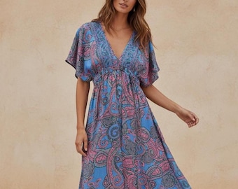 Boho Midi Dress, Turquoise Midi Dress, Festival Dress Women, Bohemian Summer Dress, Kimono Sleeve Dress, Beach Holiday Dress, Resort Wear
