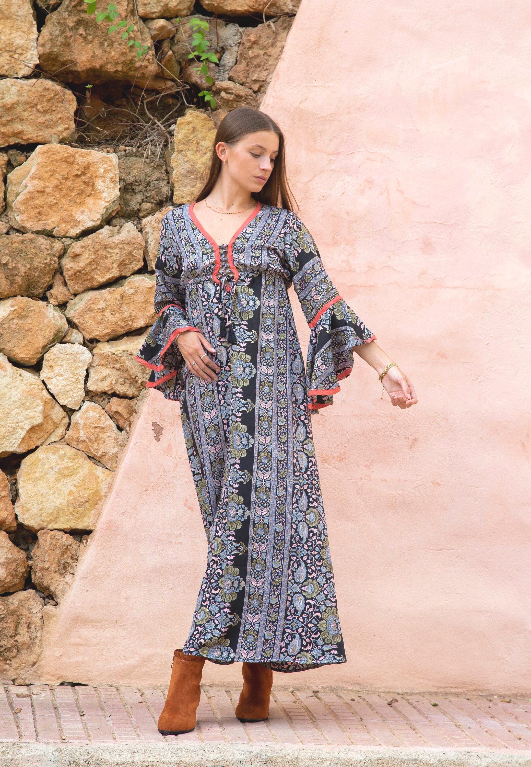 Bell Sleeve Boho Maxi Dress, Black Goddess Dress, Ibiza