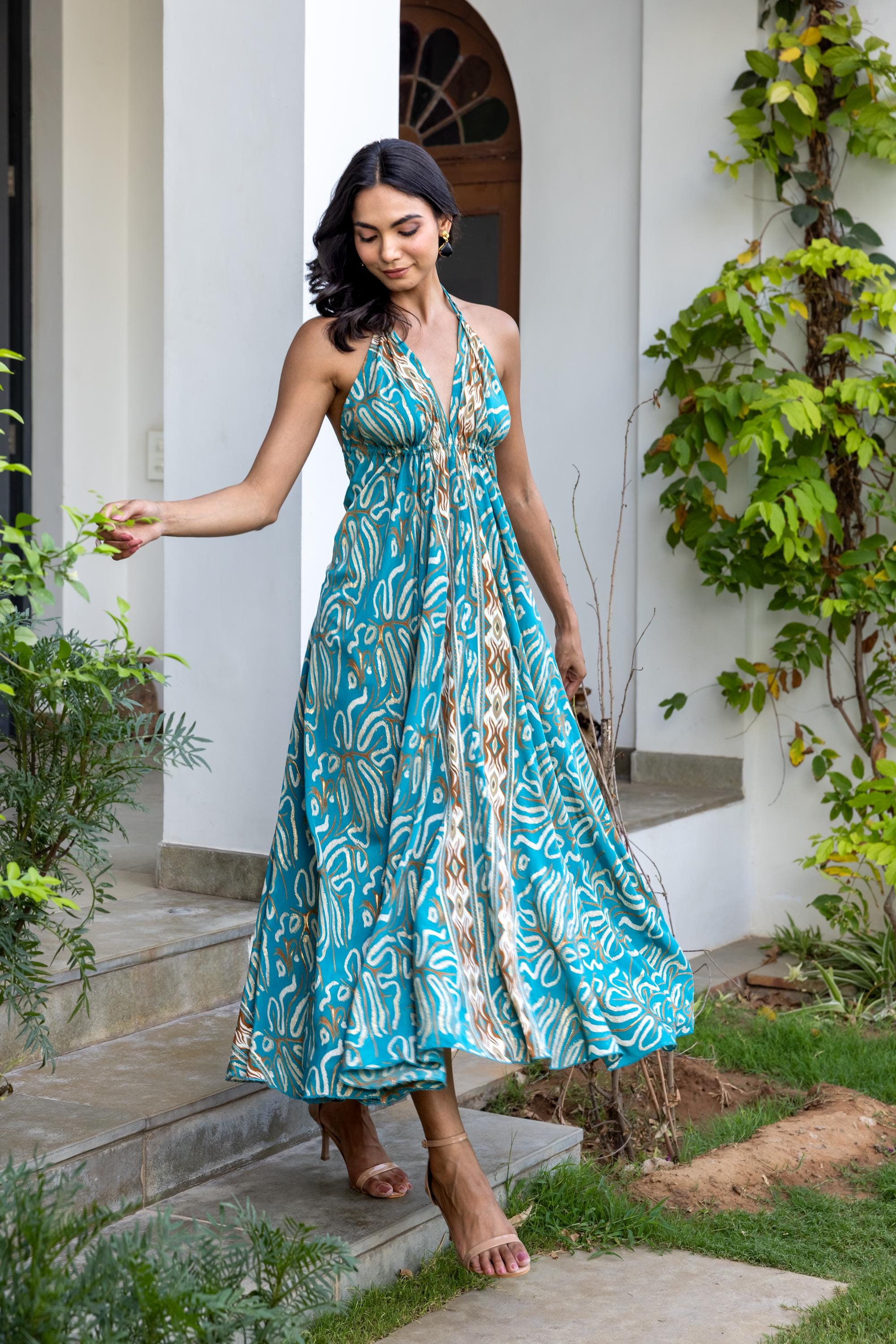 blue and white bohemian dress Jane Summers Zoey Blue & White Strapless Midi Bridal Shower & Wedding Guest Dress 2 / Blue Print , female , adult