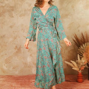 Floral Boho Wrap Dress, Green Bohemian Midi Dress, Festival Dress Women, Ibiza Dress, Summer Wrap Dress, Goddess Dress, Bohemian Clothing image 4