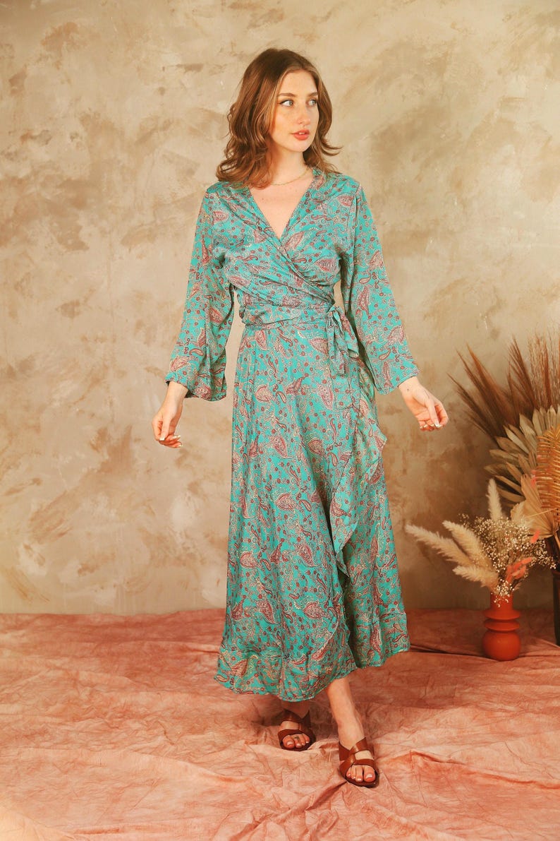 Floral Boho Wrap Dress, Green Bohemian Midi Dress, Festival Dress Women, Ibiza Dress, Summer Wrap Dress, Goddess Dress, Bohemian Clothing image 4