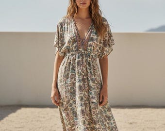 Boho Midi Dress, Turquoise Midi Dress, Festival Dress Women, Bohemian Summer Dress, Kimono Sleeve Dress, Beach Holiday Dress, Resort Wear