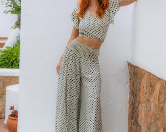 White Print Palazzo Pants, Boho Wide Leg Trousers, Resort Wear