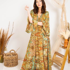 Multi Boho Maxi Kleid mit Langen Ärmeln, Maxi Kleid im Stil der 70er Jahre, Göttinnen Kleid, Winter Maxi Kleid Bild 5