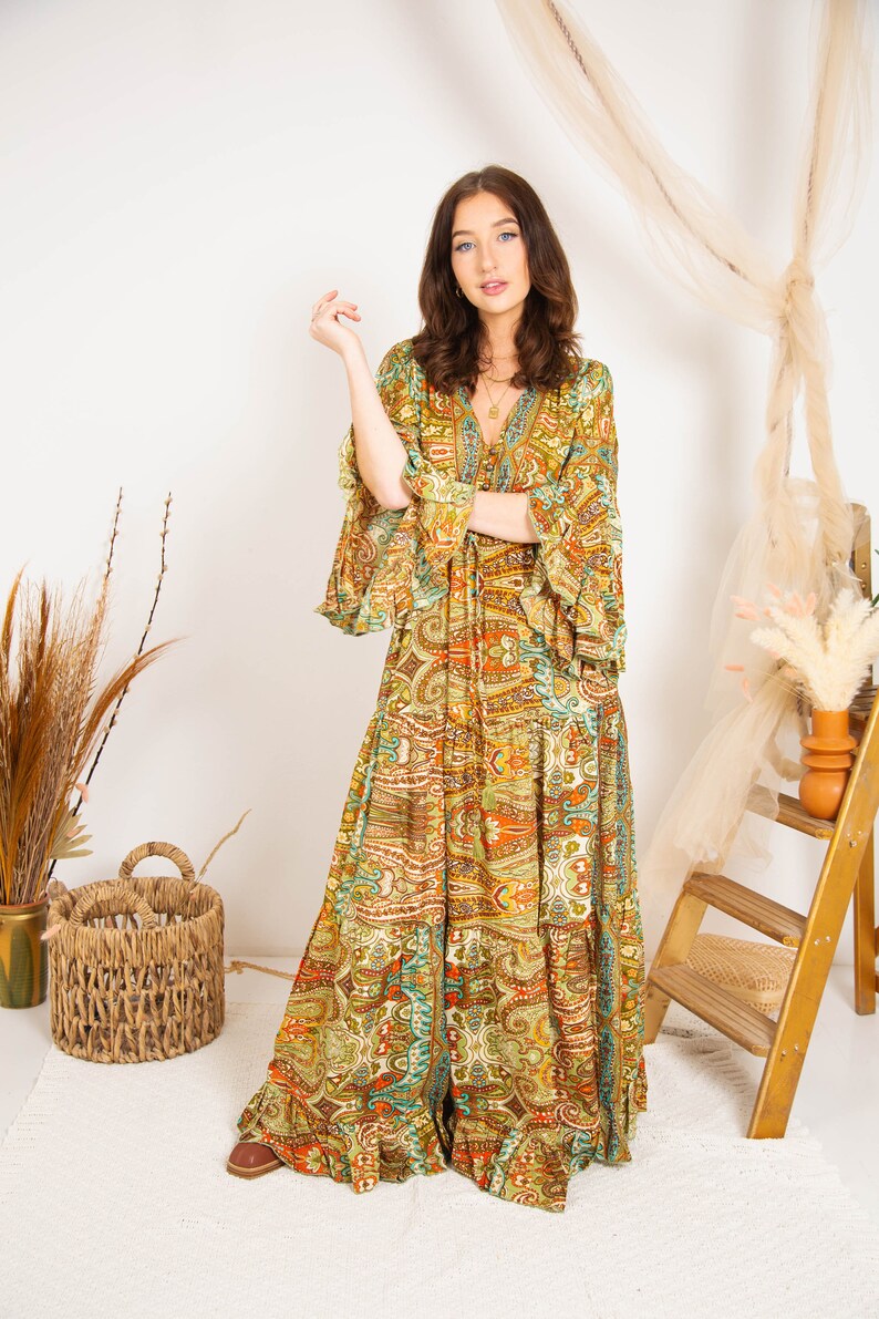 Multi Boho Maxi Kleid mit Langen Ärmeln, Maxi Kleid im Stil der 70er Jahre, Göttinnen Kleid, Winter Maxi Kleid Bild 5