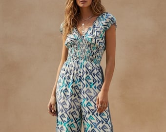 Blue Geometric Wide Leg Jumpsuit | Boho Summer Jumpsuit with Pockets | Shirred Bodice | Festival Holiday Outfit | Women's Romper