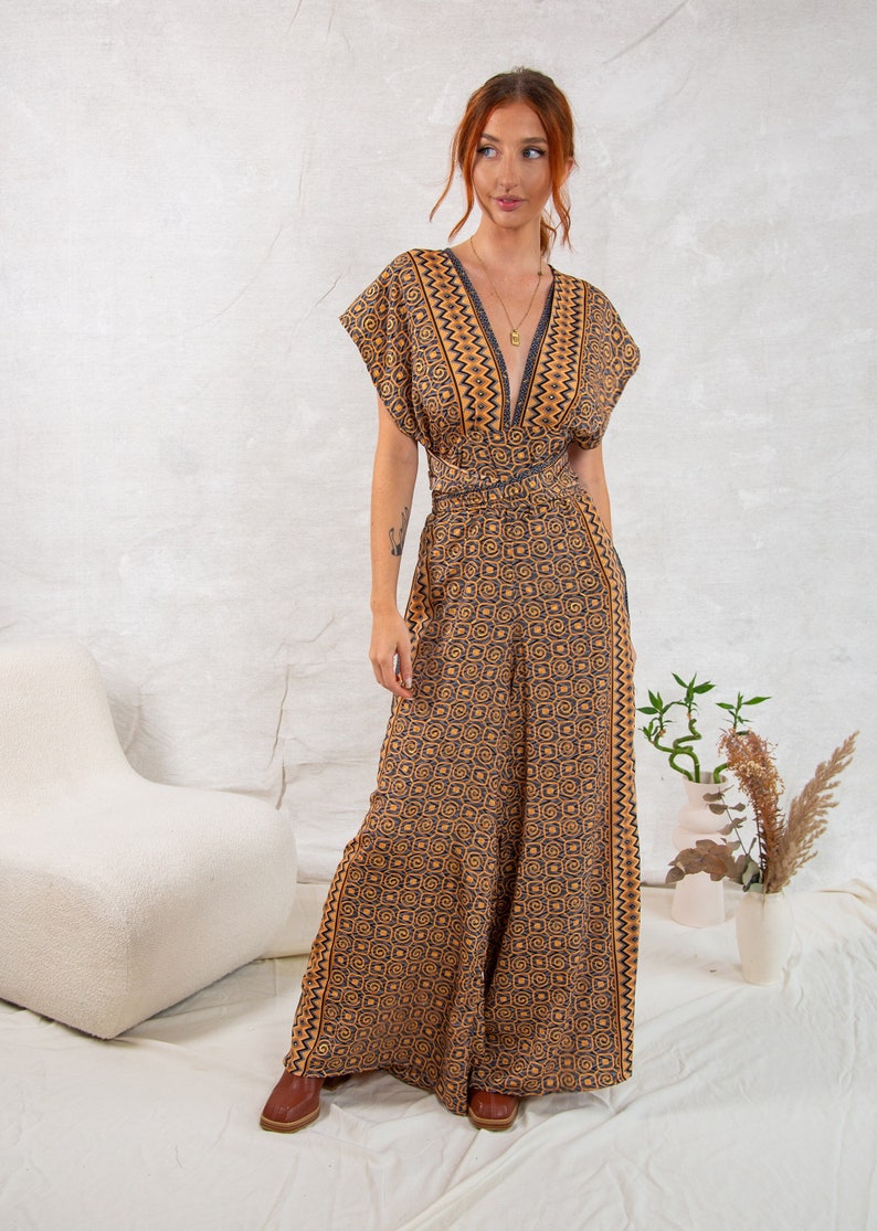 Gold Spiral Convertible Green Floral Jumpsuit Boho Wide-Leg Summer One Piece image 1