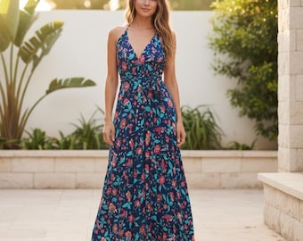 Blue Floral Boho Maxi Dress, Halter Bohemian Dress, Backless Festival Dress, Ibiza Dress Women, Goddess Maxi Dress, Bohemian Clothing