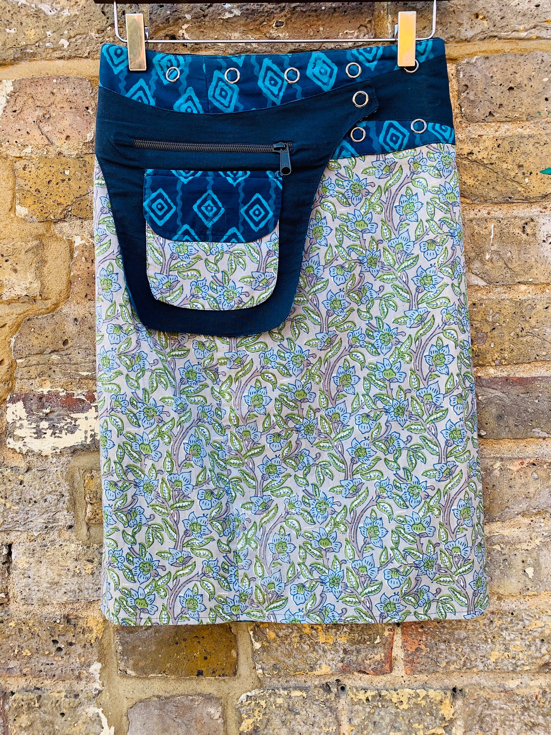 Image of Reversible Wrap Skirt, Knee Length Mid Skirt With Pocket, Natural Block Print, Ananda