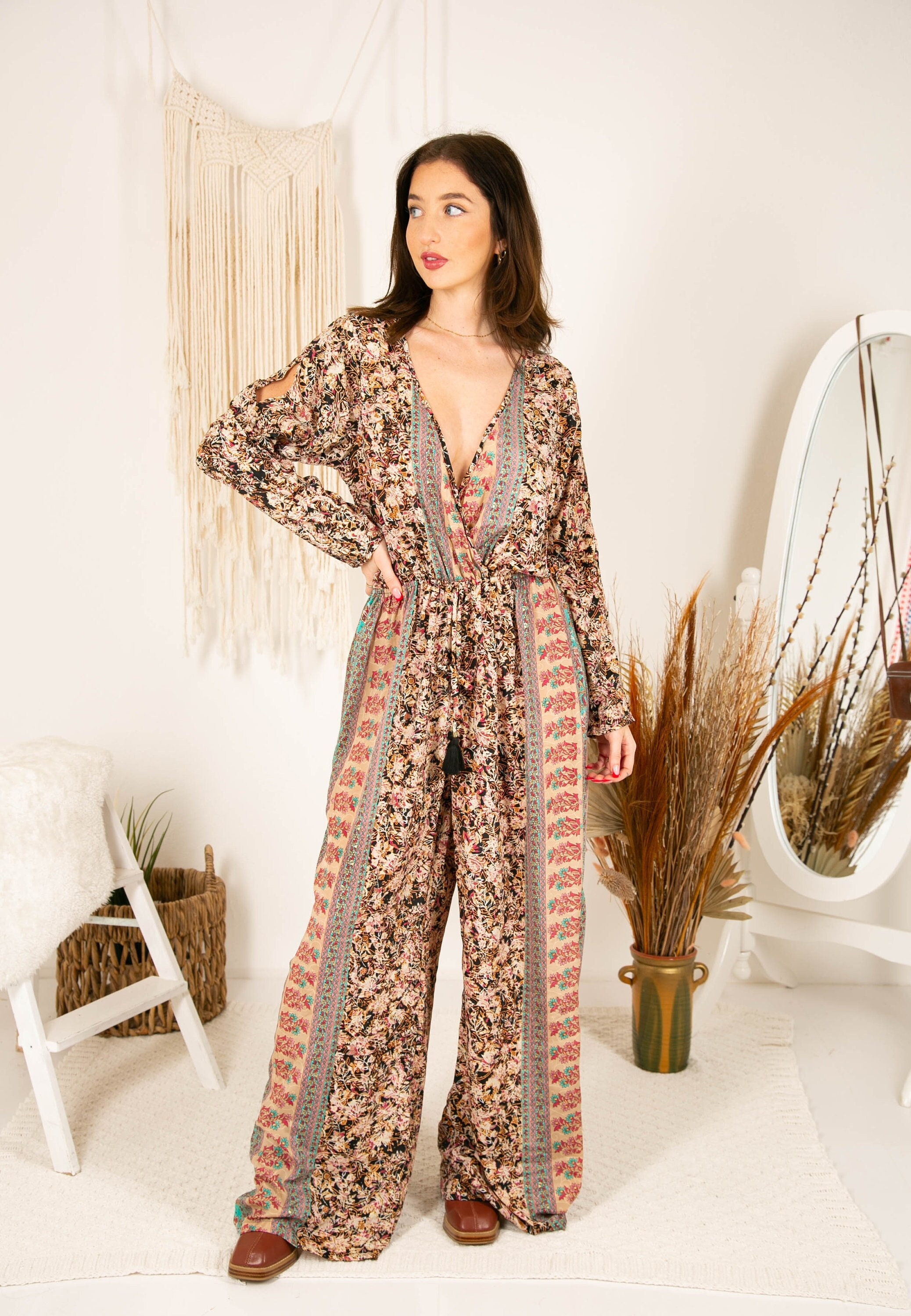 Hippie Boho Wide Leg Jumpsuit, Halter Tie Back Flare Jumpsuit XS