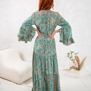 Green Boho Maxi Dress With Long Sleeves, 70's Style Maxi Dress, Goddess Dress, Winter Maxi Dress image 8