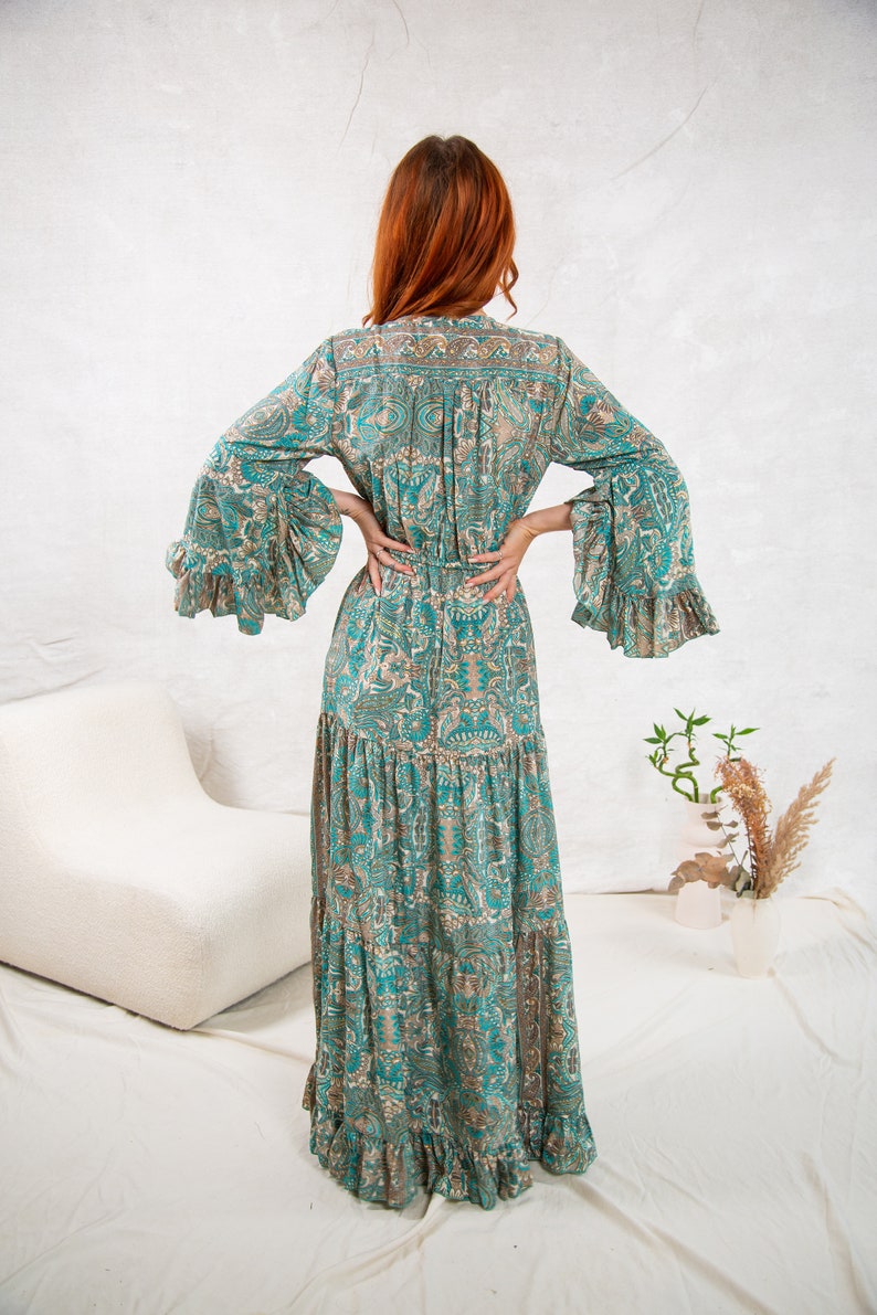 Green Boho Maxi Dress With Long Sleeves, 70's Style Maxi Dress, Goddess Dress, Winter Maxi Dress image 8