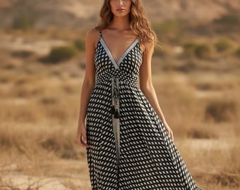 Black and White Boho Maxi Dress, Block Print Maxi Dress, Festival Dress Women,  Bohemian Holiday Dress, Beach Resort Wear