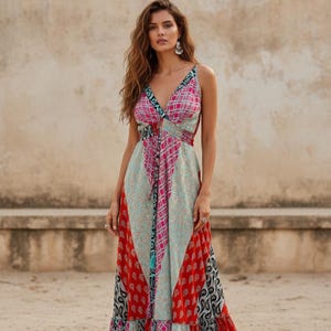 Boho-Patchwork-Maxikleid – Boho-Festivalkleid – Hippie-Sommer-Maxikleid – Farbenfrohes Boho-Strandkleid – Boho-Urlaubskleid