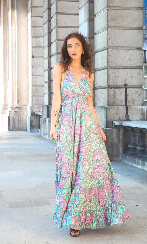 Green Halter Boho Maxi Dress, Backless Bohemian Dress, Ibiza Dress, Goddess Maxi Dress, Spiritual Clothing, Bohemian Clothing