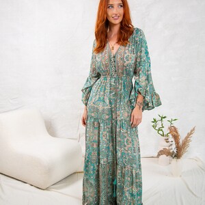 Green Boho Maxi Dress With Long Sleeves, 70's Style Maxi Dress, Goddess Dress, Winter Maxi Dress image 5