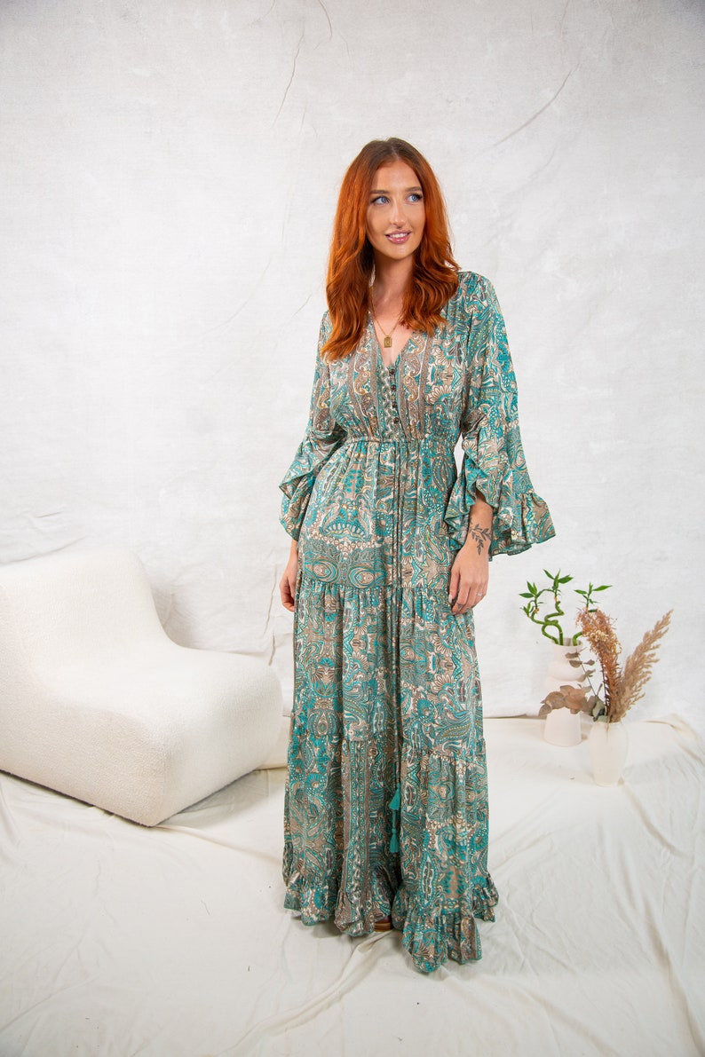 Green Boho Maxi Dress With Long Sleeves, 70's Style Maxi Dress, Goddess Dress, Winter Maxi Dress image 5