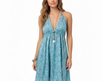 Turquoise Boho Halter Dress, Backless Summer Dress, Festival Mini Dress, Hippie Beach Dress, Bohemian Sundress, Holiday Dress, Resort Wear