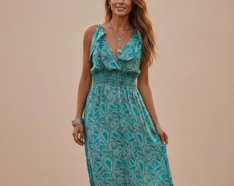 Boho Paisley Midi Dress – Smocked Summer Dress – Turquoise Bohemian Dress – Adjustable Strap Dress – Holiday Beach Dress