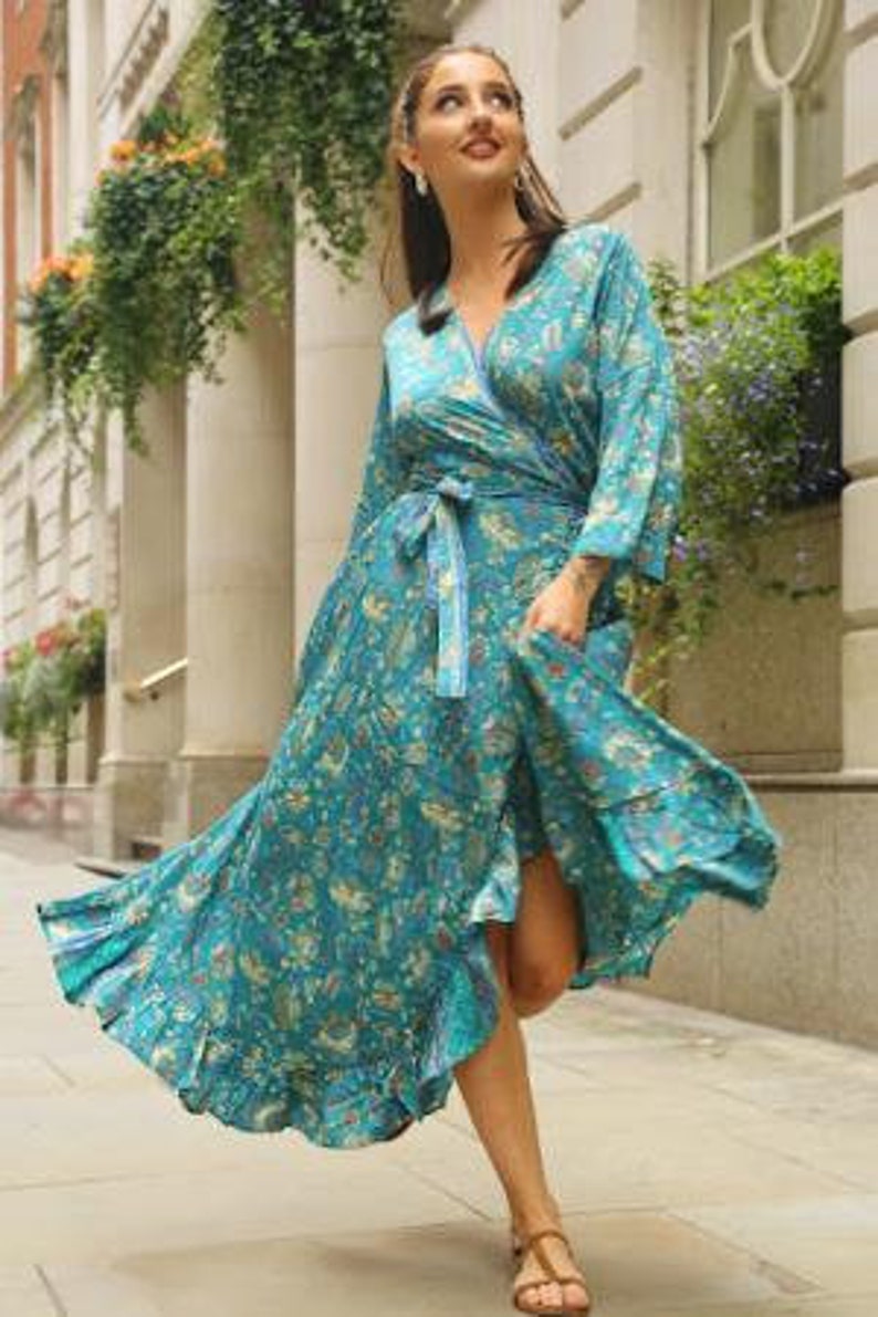 Floral Boho Wrap Dress, Green Bohemian Midi Dress, Festival Dress Women, Ibiza Dress, Summer Wrap Dress, Goddess Dress, Bohemian Clothing image 2