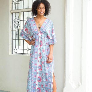 White Boho Kaftan Maxi Dress, 70&#39;s Style Goddess Dress, White Beach Cover Up, Summer Wedding Dress