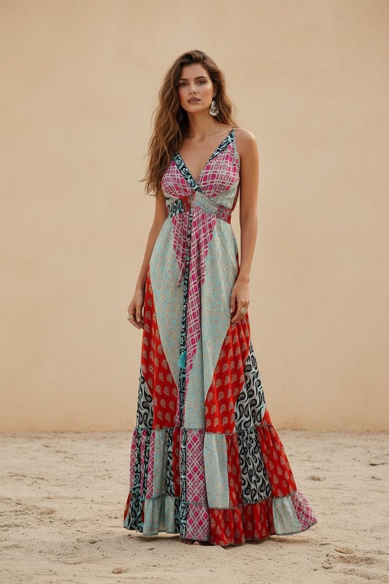 Boho-Patchwork-Maxikleid – Boho-Festivalkleid – Hippie-Sommer-Maxikleid – Farbenfrohes Boho-Strandkleid – Boho-Urlaubskleid Bild 2
